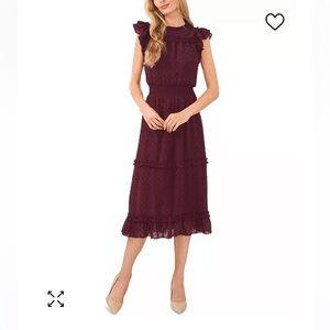 CeCe Women's Ruffled Flutter Sleeve Swiss Dot Midi Dress in Rich Cabernet XL